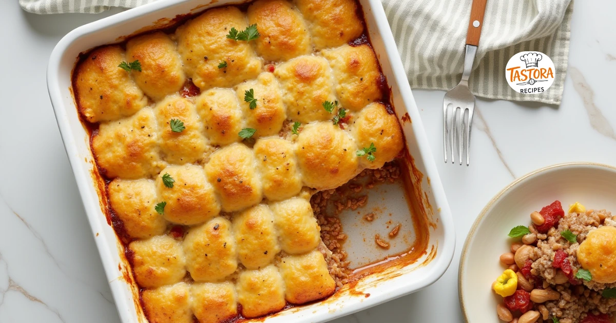 A golden, bubbly Cowboy Casserole in a baking dish, topped with crispy tater tots and melted cheese.