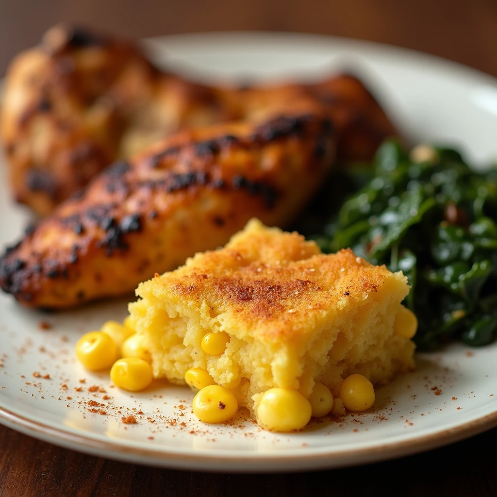 A plate of grilled chicken and collard greens served alongside a warm dish of Corn Bread Pudding.