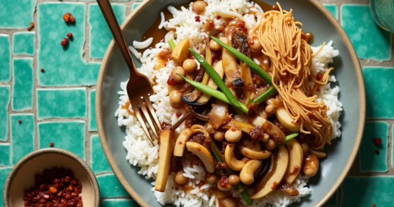 "Seafood and mushrooms on a white plate, featuring shrimp, scallops, and cremini mushrooms with creamy sauce and fresh herbs, arranged in a cozy kitchen setting."