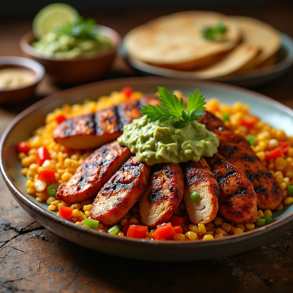 A plate of sliced grilled chicken served with Mexican rice, warm tortillas, and grilled vegetables, garnished with lime wedges.