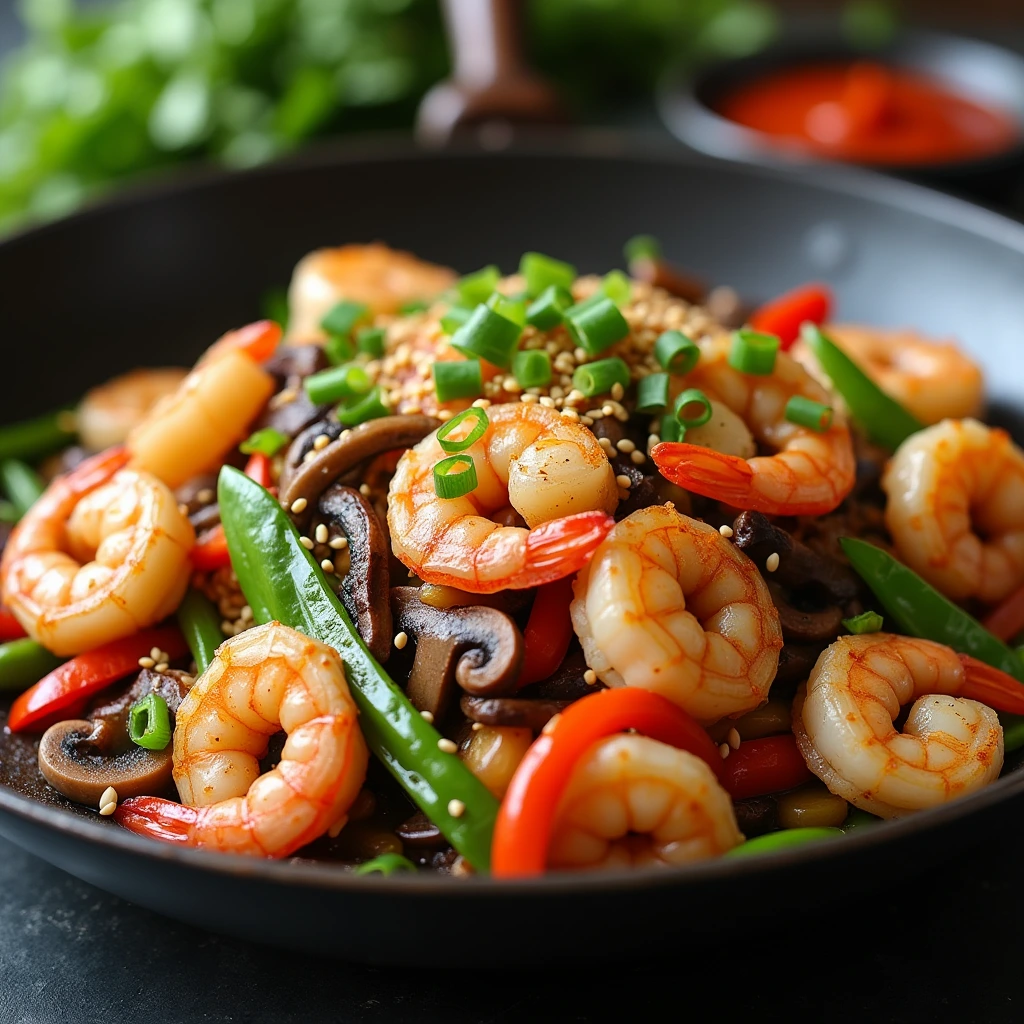 "A colorful stir-fry with shrimp, scallops, and a mix of mushrooms like shiitake, along with vegetables like bell peppers and snap peas in a wok."