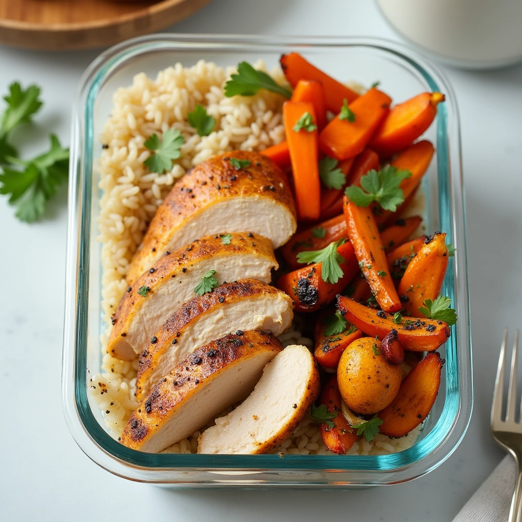 A meal prep container with sliced chicken breast, rice, and vegetables for a balanced diet.