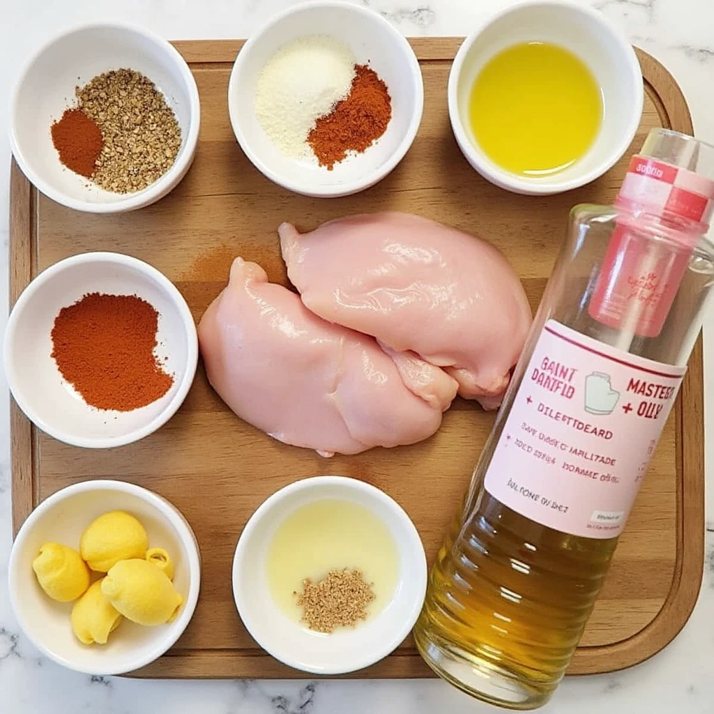 "A top-down view of fresh ingredients for making grilled nuggets, including chicken breasts, olive oil, garlic powder, paprika, onion powder, and honey mustard."