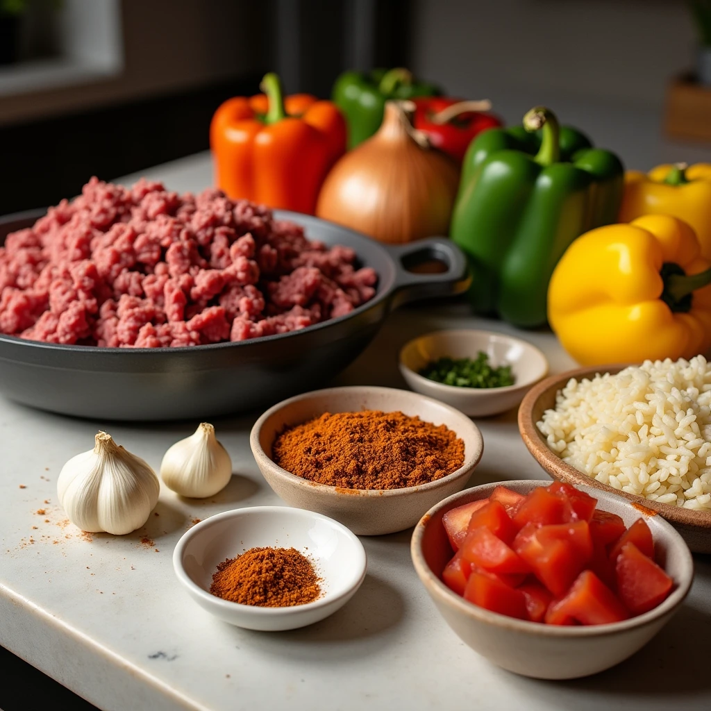  "Close-up of fresh ingredients including ground beef, bell peppers, onions, garlic, taco seasoning, rice, and diced tomatoes, ready to cook."