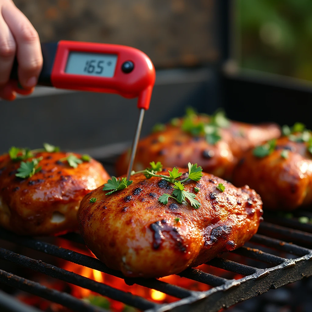 A chef using tongs to check the doneness of chicken on a charcoal grill, ensuring a perfect char and juicy interior.