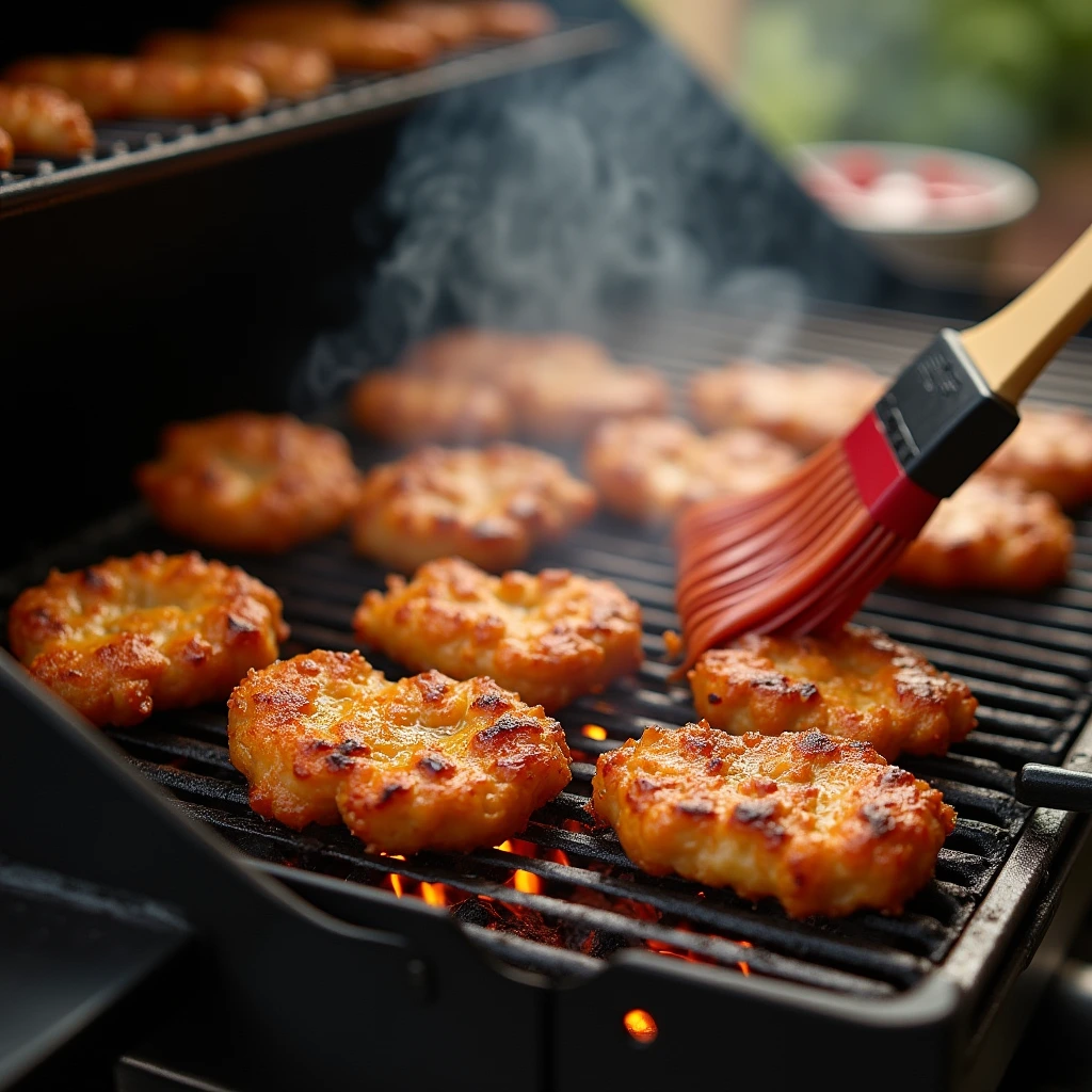 "Raw chicken pieces marinating in a bowl with seasonings and olive oil, with a brush applying the marinade before grilling."