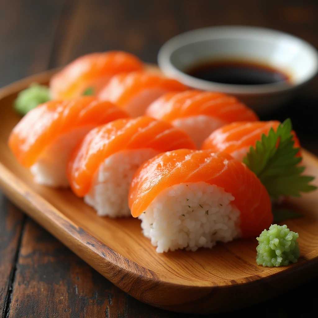 "A close-up of perfectly arranged salmon nigiri sushi on a wooden serving board, with a small dish of soy sauce."