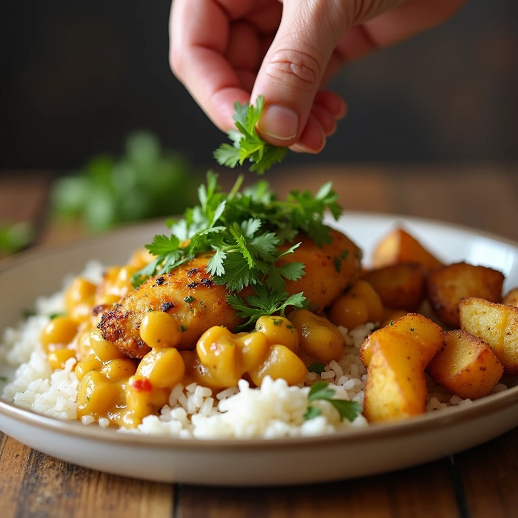 A chef’s hand sprinkling fresh cilantro over a plated dish of Churu Chicken Amarillo with rice and crispy potatoes.