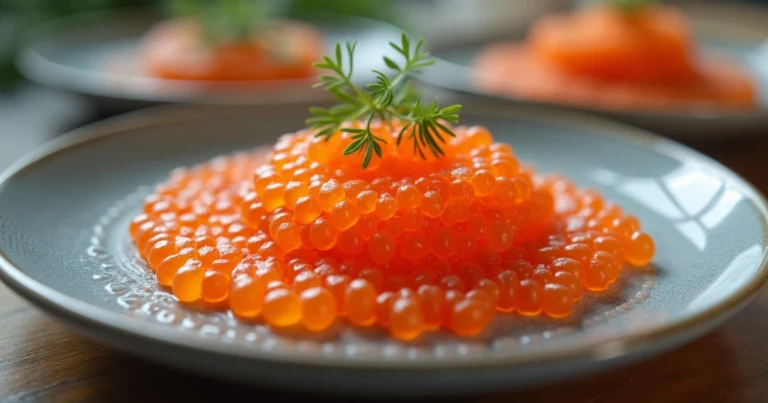 "A close-up view of vibrant, glossy salmon roe on a fine plate, highlighting the delicate texture and rich color of the fish eggs."