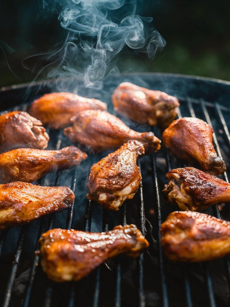 A batch of chicken wings sizzling on a grill, caramelized with a rich dulce chile sauce, with smoke rising in the background.