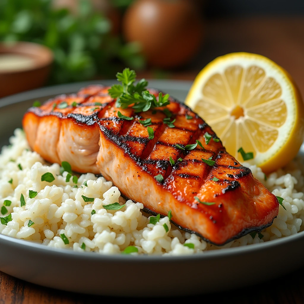 "A perfectly grilled salmon fillet with a crispy, golden crust served over fluffy white rice, garnished with fresh herbs and lemon wedges."