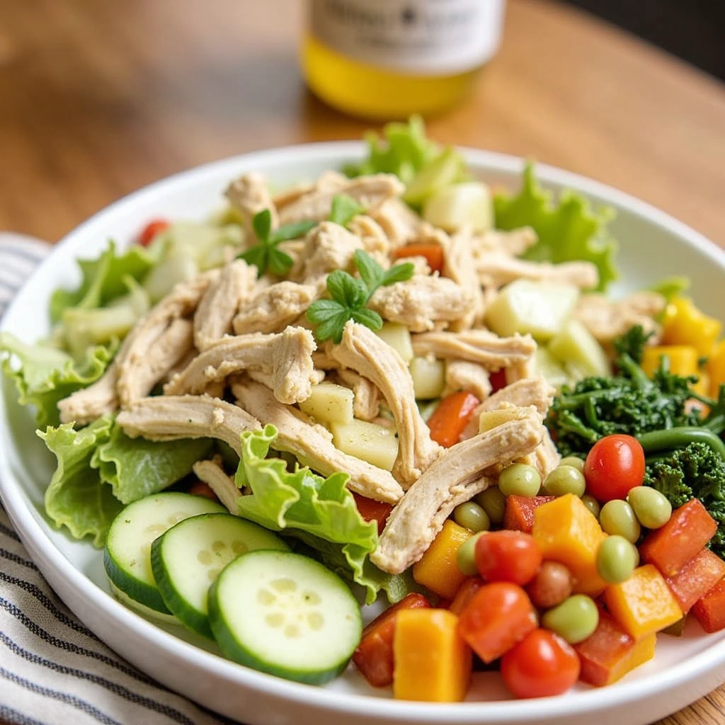 "A vibrant and healthy spread of chicken salads with fresh vegetables, fruits, and light dressings at Chicken Salad Chick."