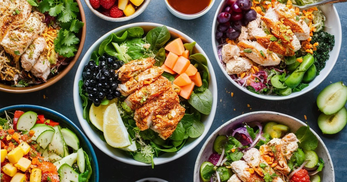 "A variety of nutritious chicken salads from Chicken Salad Chick, showcasing fresh ingredients like chicken, greens, fruits, and low-calorie sides for a balanced meal."