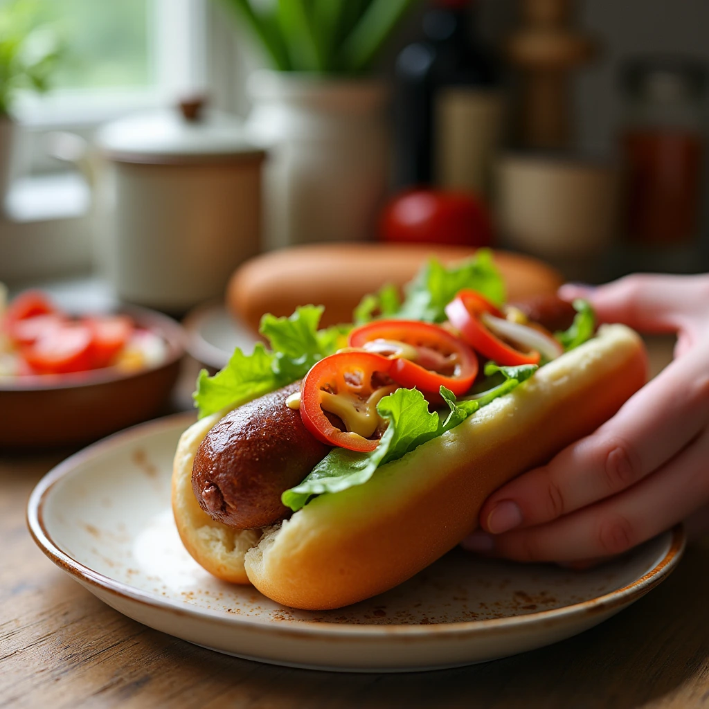 A homemade hot dog with a whole-wheat bun, lean beef sausage, and fresh toppings like tomatoes, onions, and mustard.