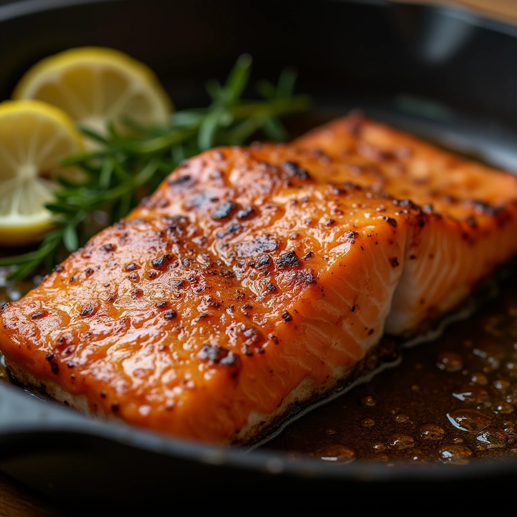 A close-up of salmon being cooked in a pan with golden, crispy skin, demonstrating the technique for achieving perfect crispiness.