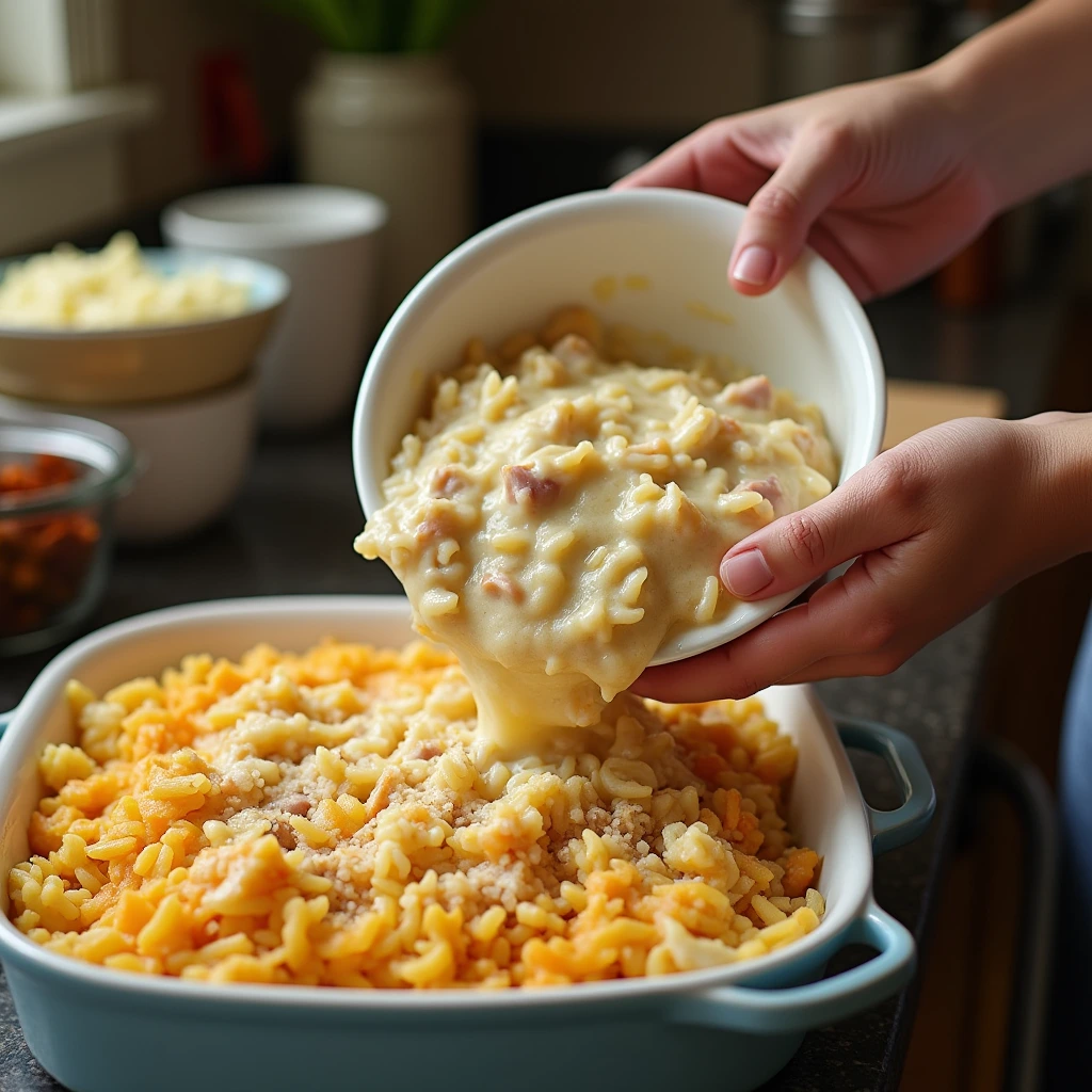 "Step-by-step guide on making Old Fashioned Chicken and Rice Casserole from scratch with fresh chicken, rice, and seasonings."