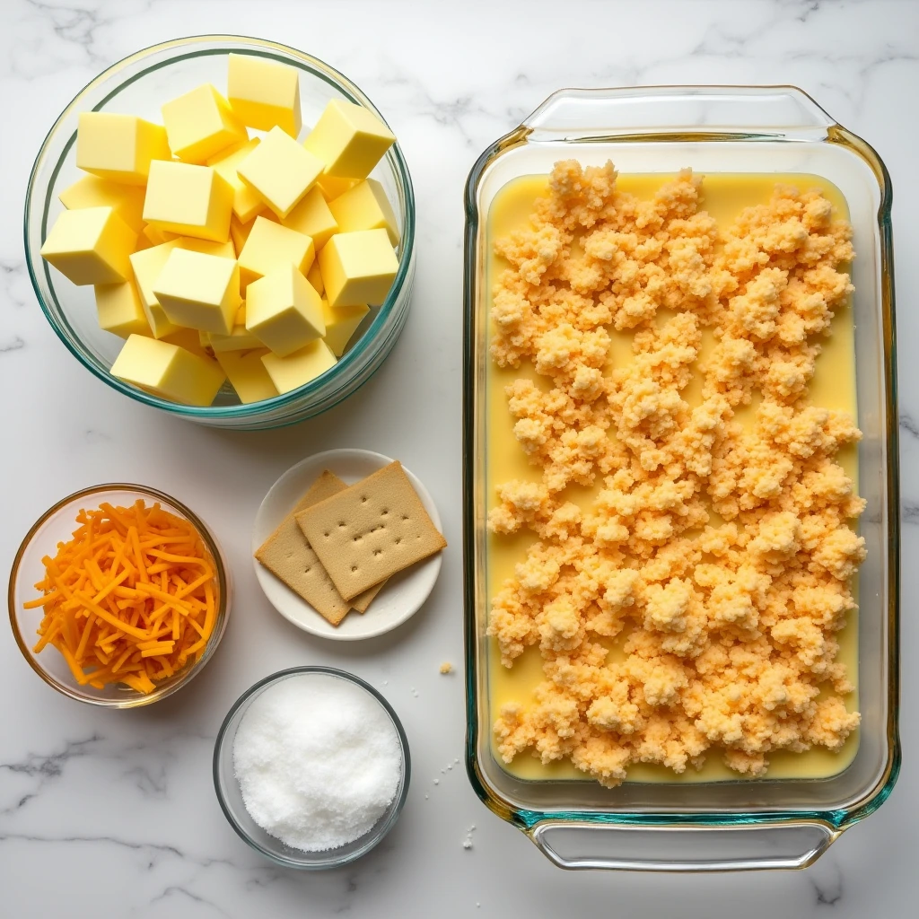 "A step-by-step process of preparing pineapple casserole, with ingredients like pineapple, cheese, and Ritz crackers ready to be combined."