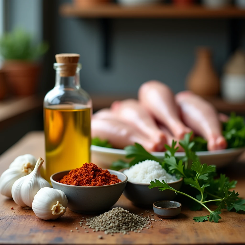 "All ingredients needed for baked turkey wings: turkey wings, olive oil, garlic powder, paprika, onion powder, salt, pepper, and fresh herbs."