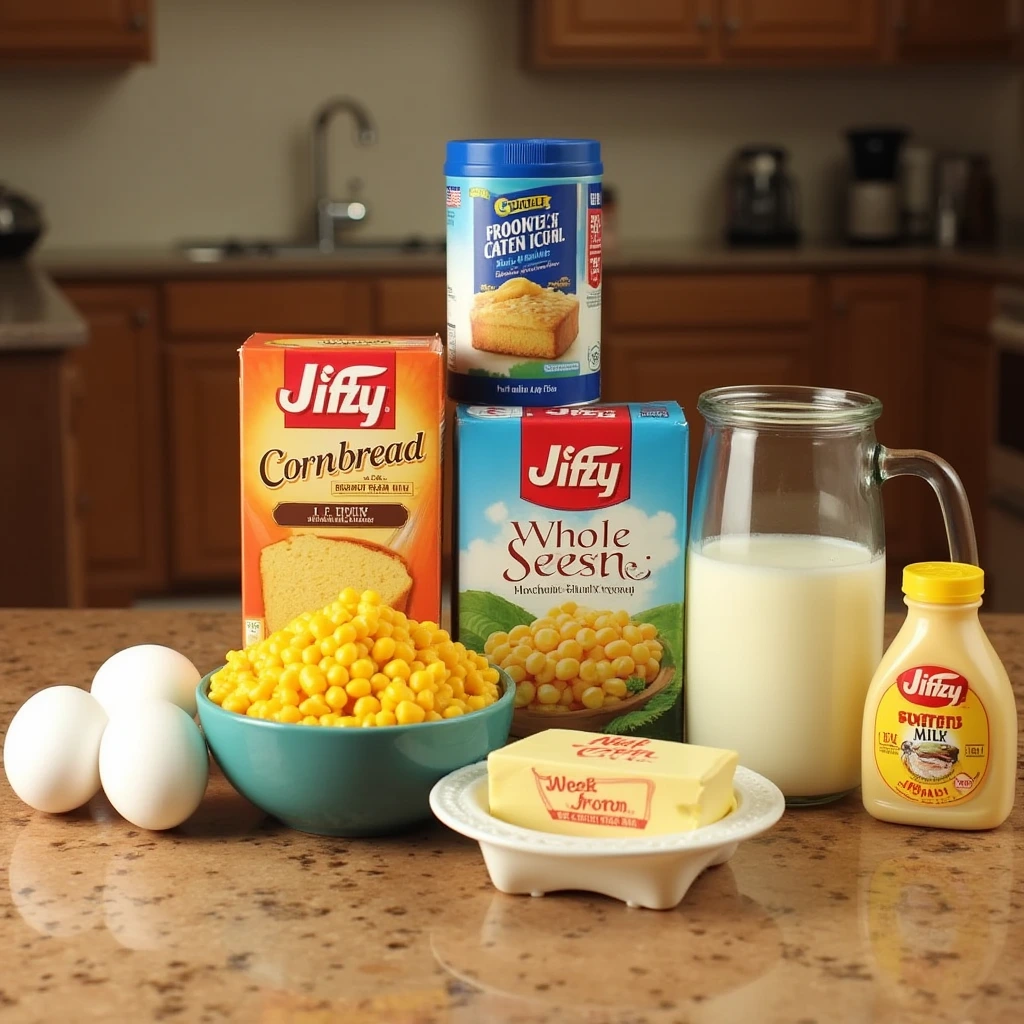 A collection of ingredients for Corn Bread Pudding: cornbread mix, eggs, milk, whole kernel corn, and butter arranged on a kitchen counter.