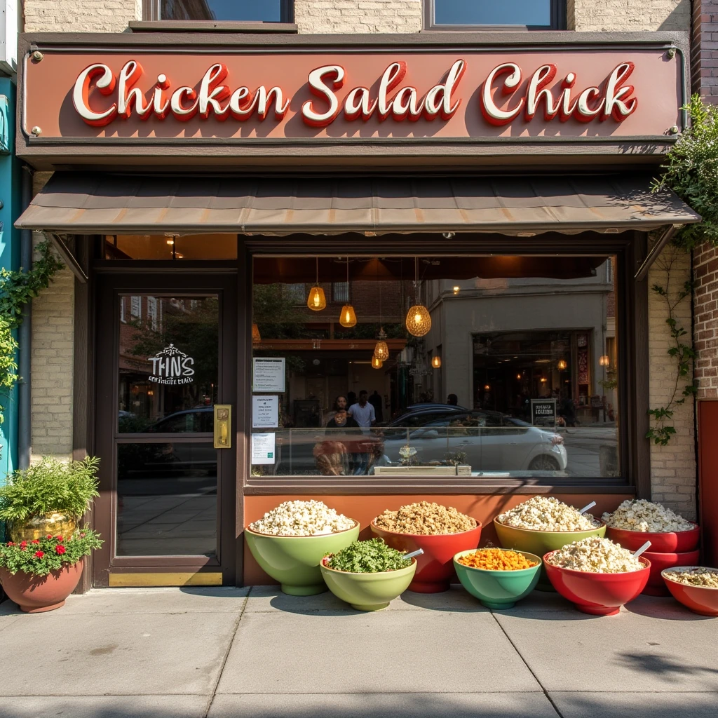 "An inviting image of Chicken Salad Chick's storefront with fresh, colorful bowls of chicken salad displayed outside, welcoming customers."