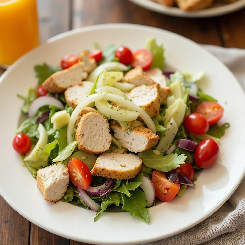 "A balanced meal from Chicken Salad Chick featuring healthy chicken salad with fresh vegetables and a light dressing."