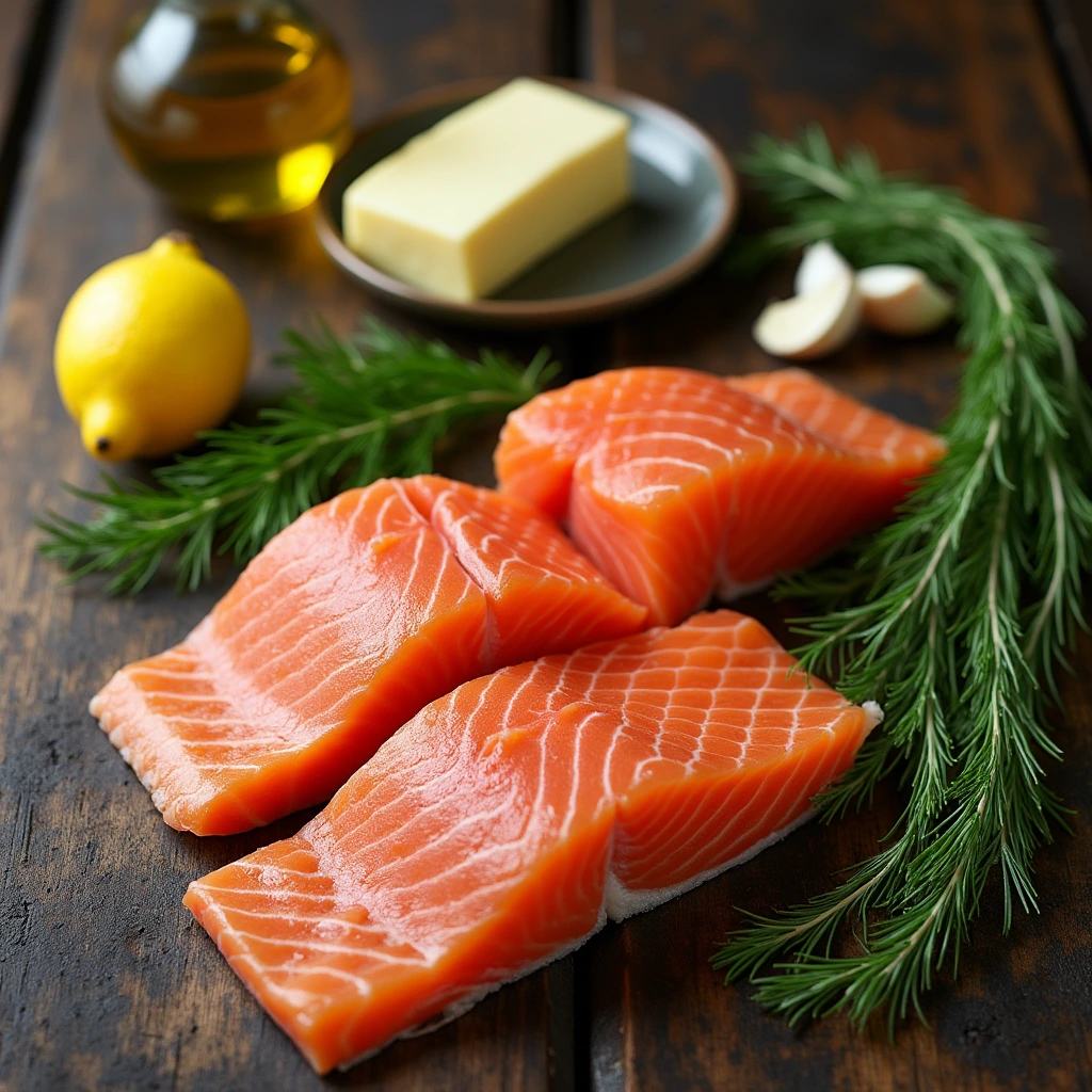 A collection of ingredients including fresh salmon, lemon, dill, butter, and garlic — all the essentials for making crispy skin salmon with lemon dill butter.