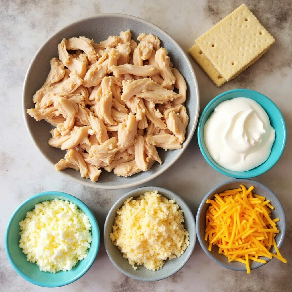 A collection of ingredients for Million Dollar Chicken Casserole, including shredded chicken, cheese, cream cheese, sour cream, and crackers ready for assembly.