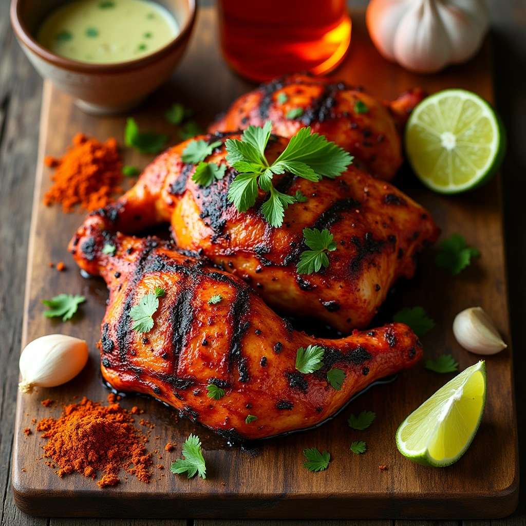 A flat-lay image of dried guajillo and ancho chilies, cumin, smoked paprika, garlic, lime, and apple cider vinegar on a rustic wooden surface.