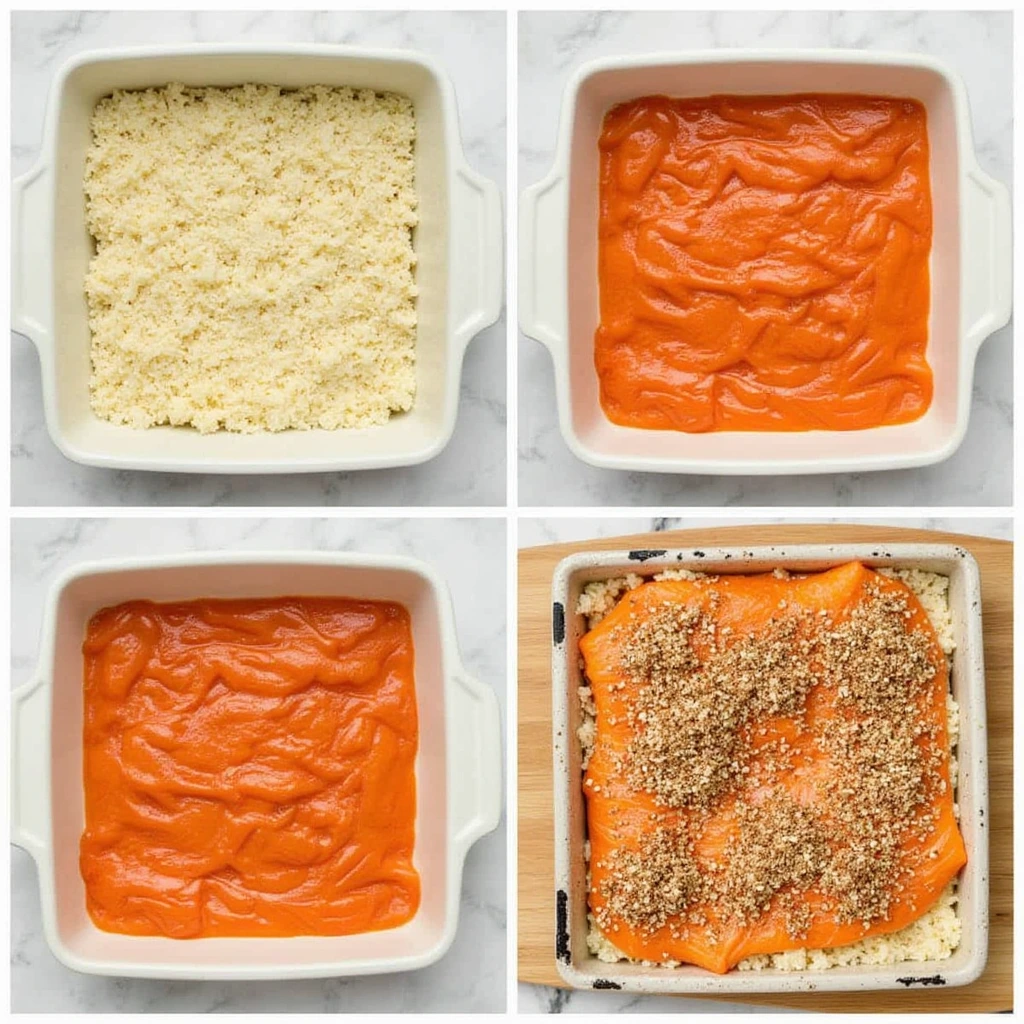 "A baking dish layered with seasoned sushi rice, flaked salmon in a creamy sauce, and a generous sprinkle of furikake, ready to go into the oven."