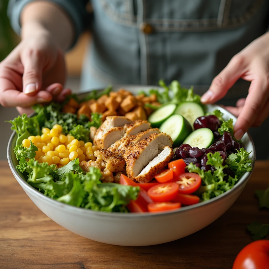 "An image showing a customer ordering a healthy, low-calorie chicken salad bowl with fresh veggies and a lighter dressing option at Chicken Salad Chick."