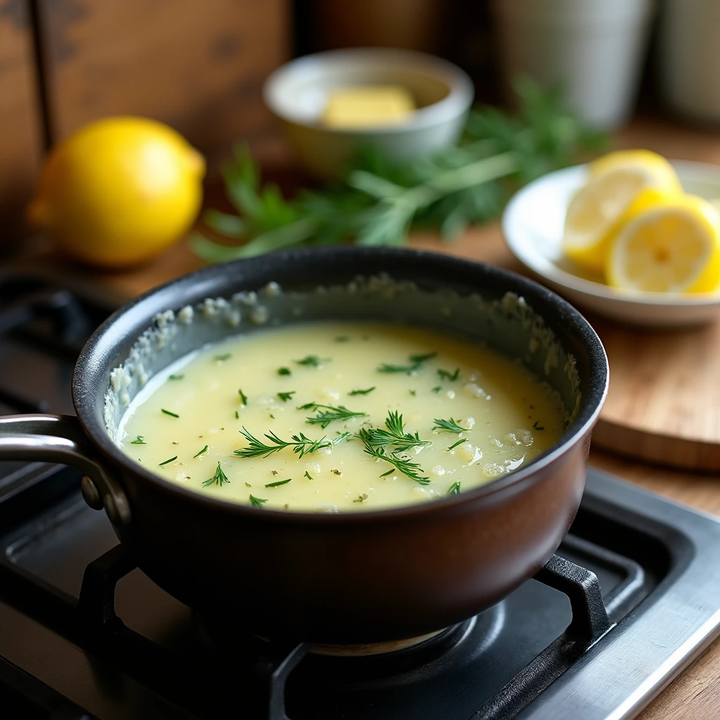 A mixing bowl filled with freshly made lemon dill butter sauce, with fresh herbs and a squeeze of lemon.