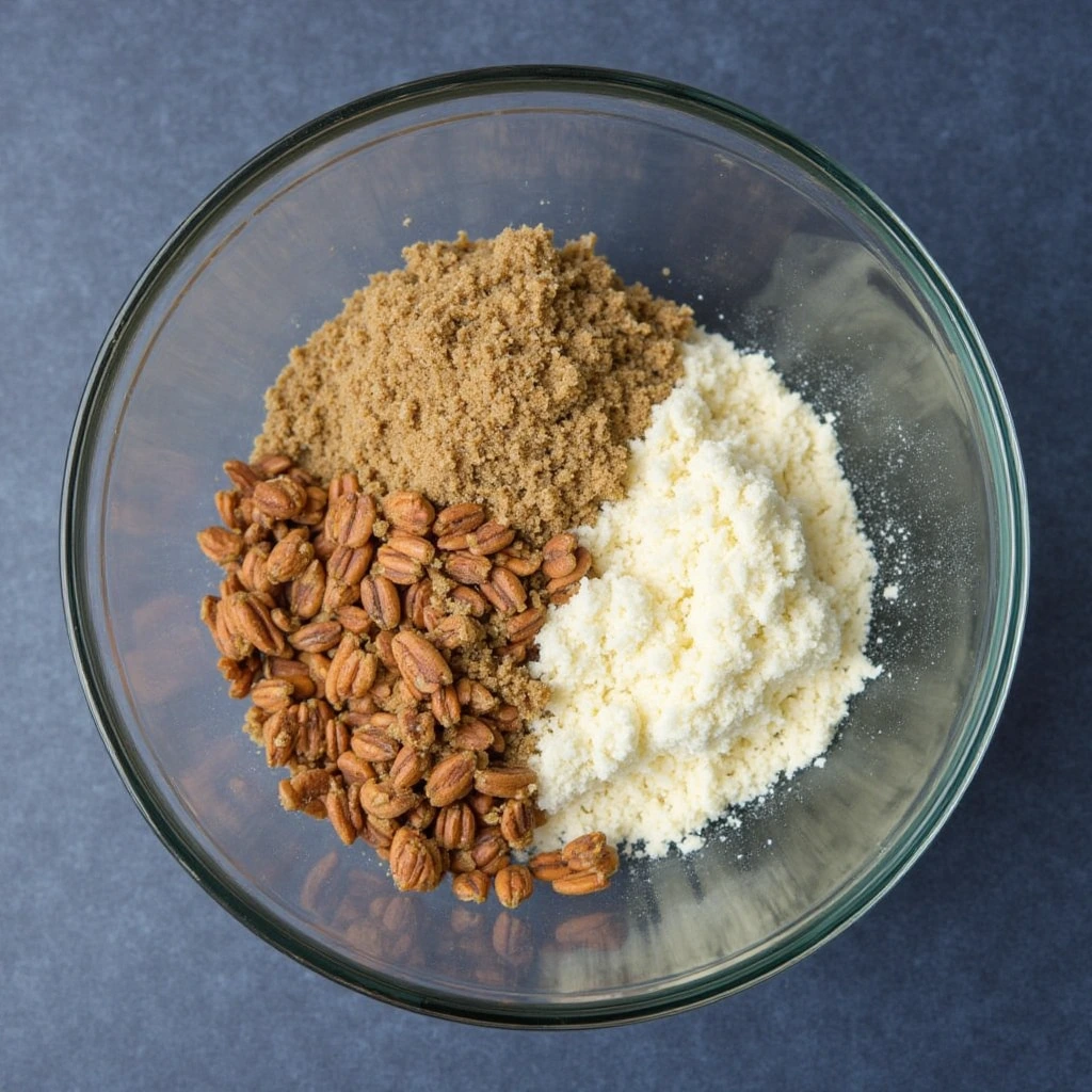 "A casserole dish filled with smooth sweet potato filling, topped with pecan streusel, ready to go into the oven."