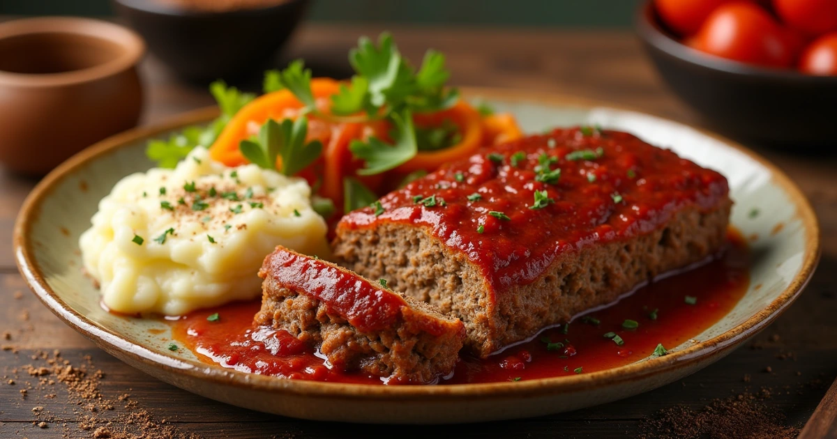 "An inviting image of Meatloaf Recipe Creole, served with mashed potatoes, cornbread, and green beans, all highlighted by natural lighting in a rustic kitchen setting."