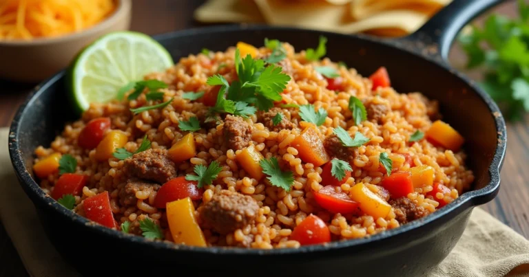 "A vibrant and flavorful Mexican Beef and Rice Skillet, featuring seasoned ground beef, bell peppers, onions, garlic, and fluffy rice. Garnished with shredded cheese, fresh cilantro, lime wedges, and served with tortilla chips."