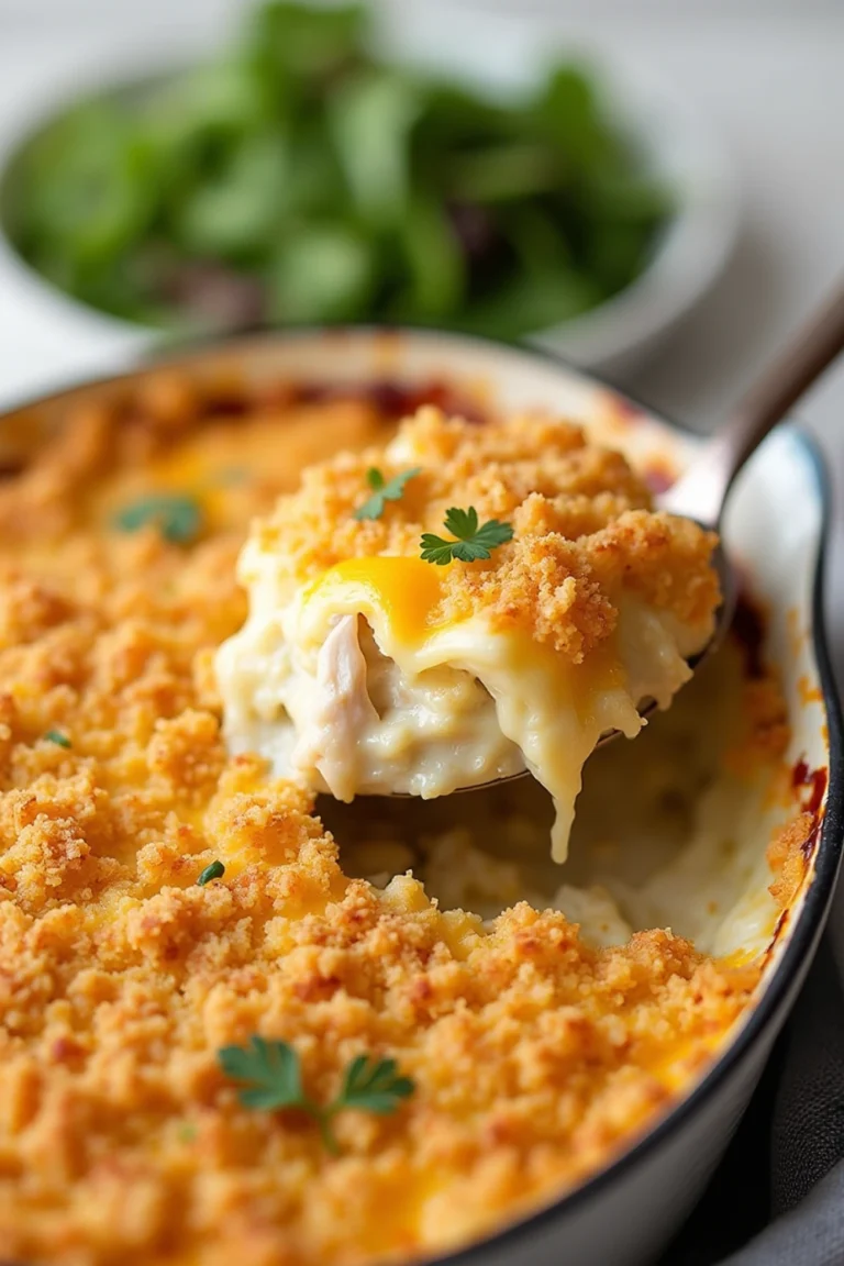 A golden, cheesy Million Dollar Chicken Casserole with a crispy topping, creamy chicken filling, and served in a rustic kitchen setting with a side salad.