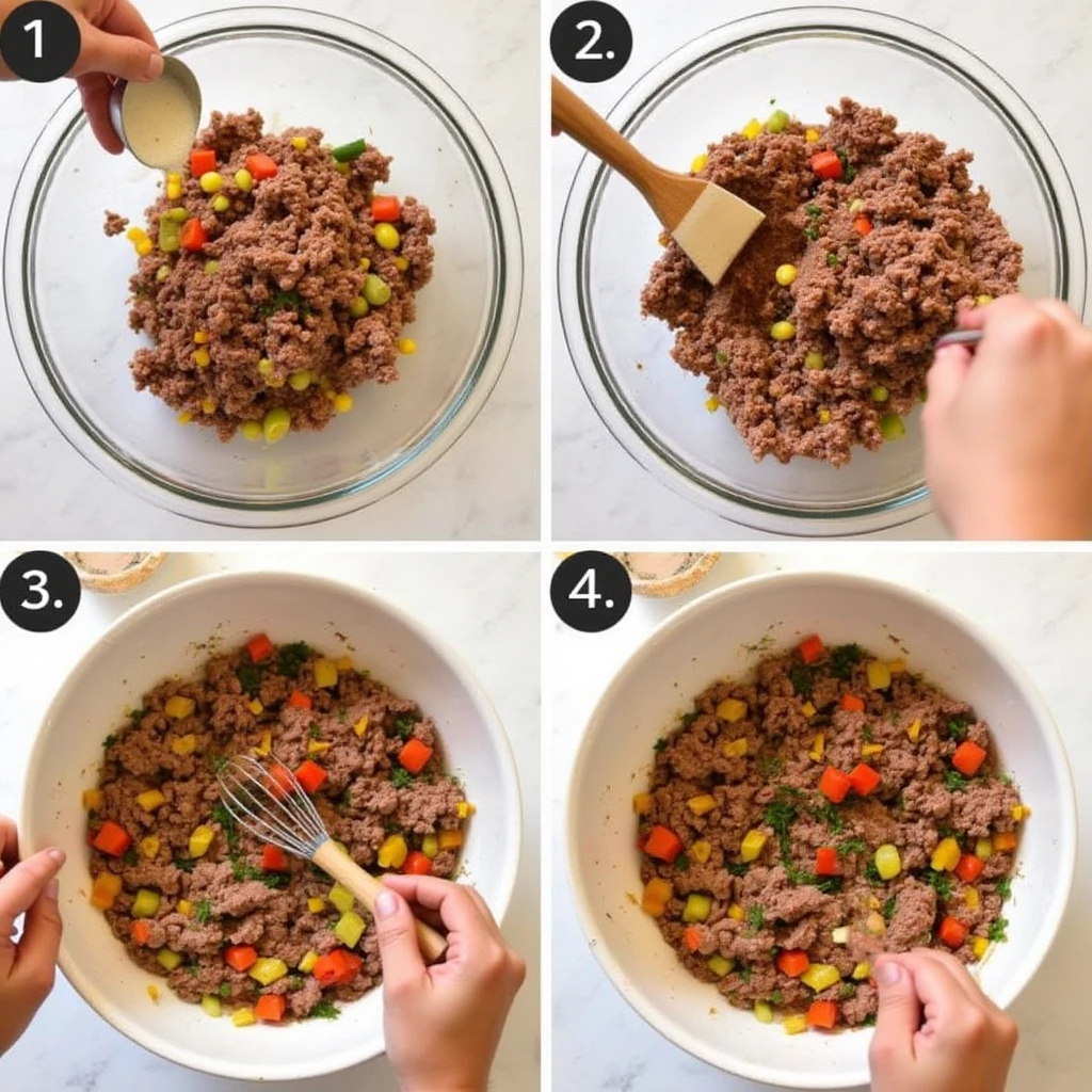 A close-up of hands mixing ground beef with vegetables and Creole seasoning, preparing the meatloaf mixture.