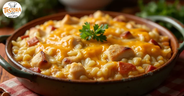 "Deliciously golden Old Fashioned Chicken and Rice Casserole with tender chicken, fluffy rice, and melted cheese, served in a rustic casserole dish."