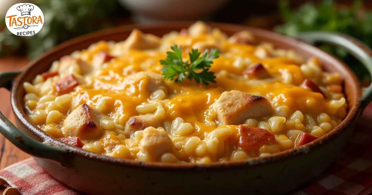 "Deliciously golden Old Fashioned Chicken and Rice Casserole with tender chicken, fluffy rice, and melted cheese, served in a rustic casserole dish."