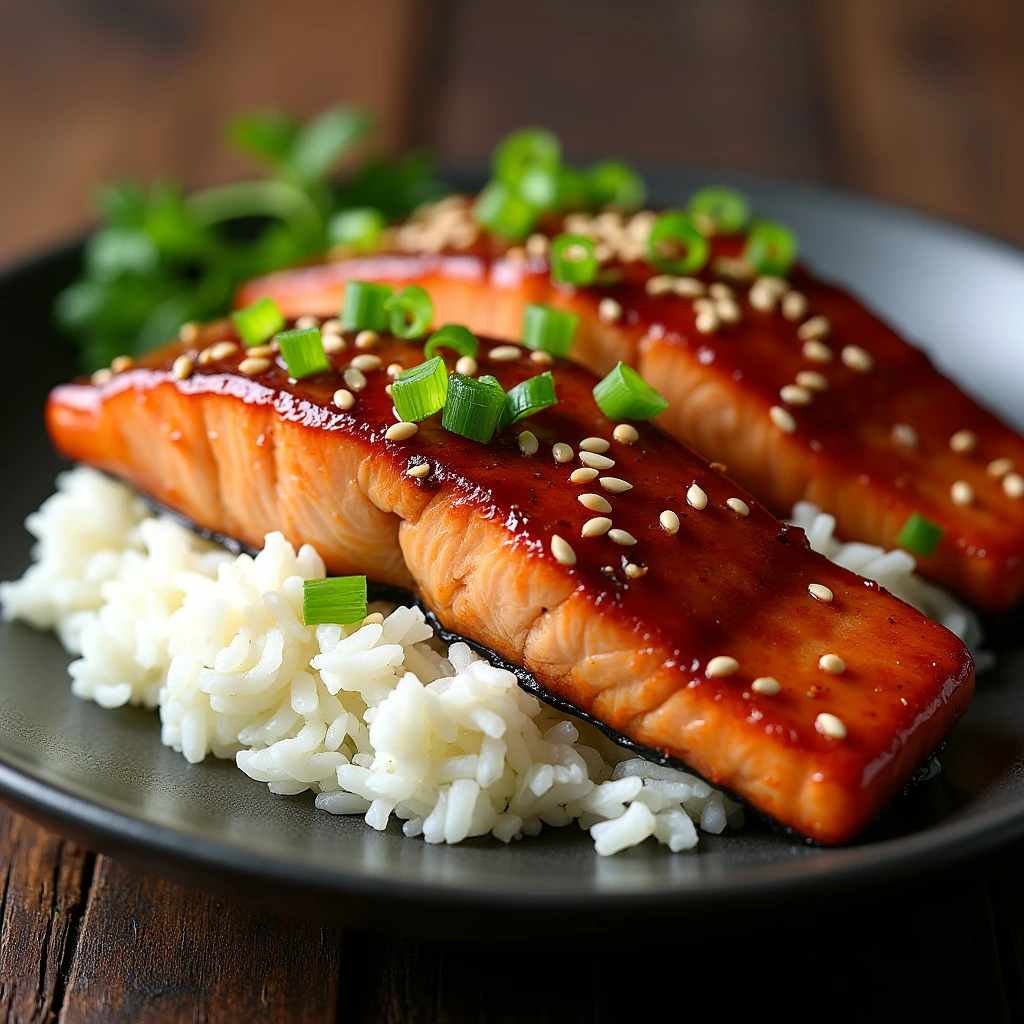 "Golden pan-seared salmon fillet resting on creamy coconut-infused white rice, garnished with fresh cilantro and lime wedges."