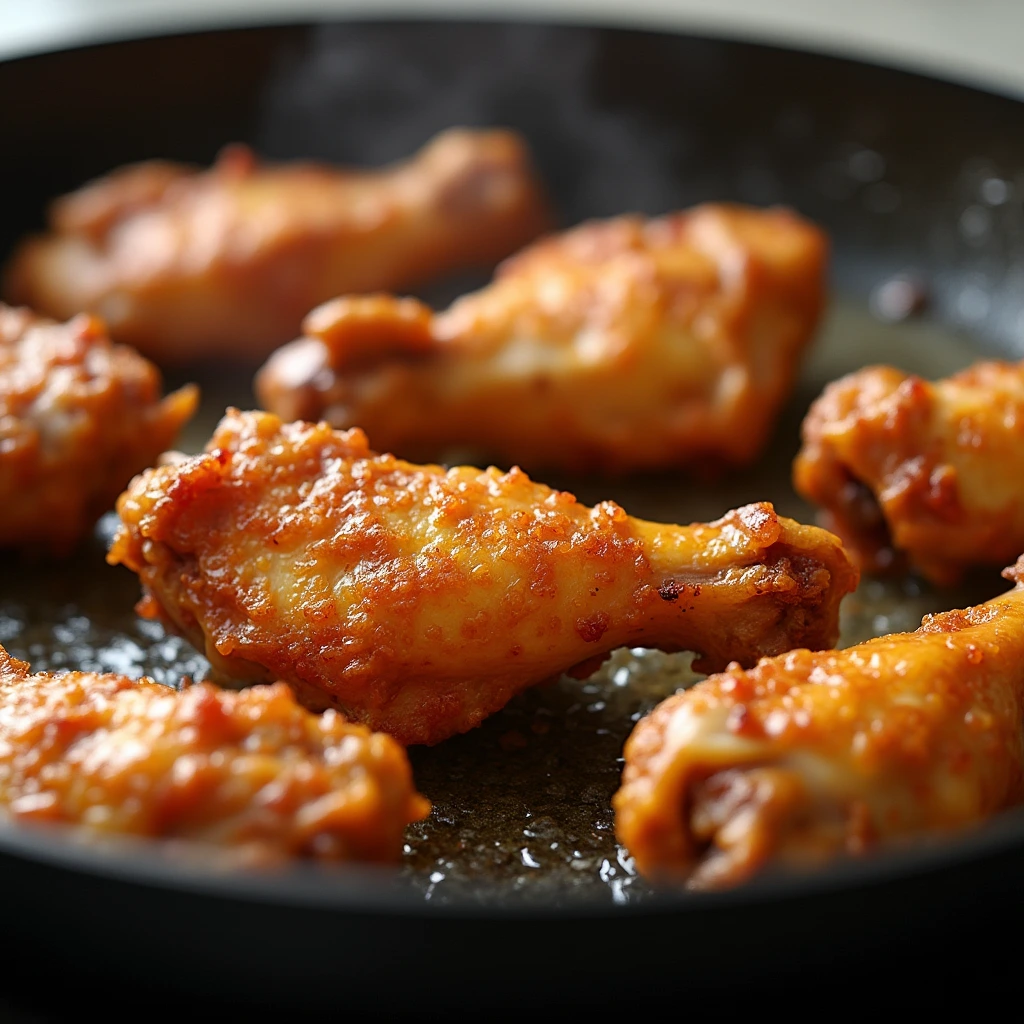 Chicken wings being fried in a pan with golden, crispy results.