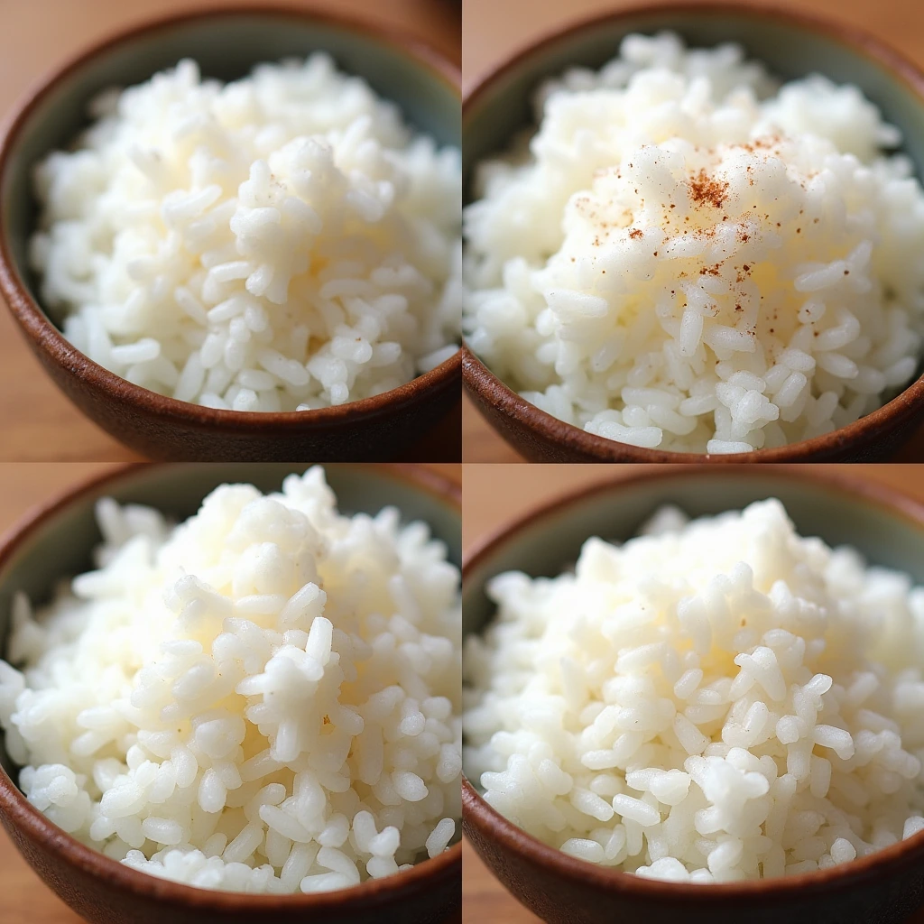 "A close-up of freshly cooked sushi rice in a bowl, seasoned with rice vinegar, sugar, and salt, with a glossy and fluffy texture."