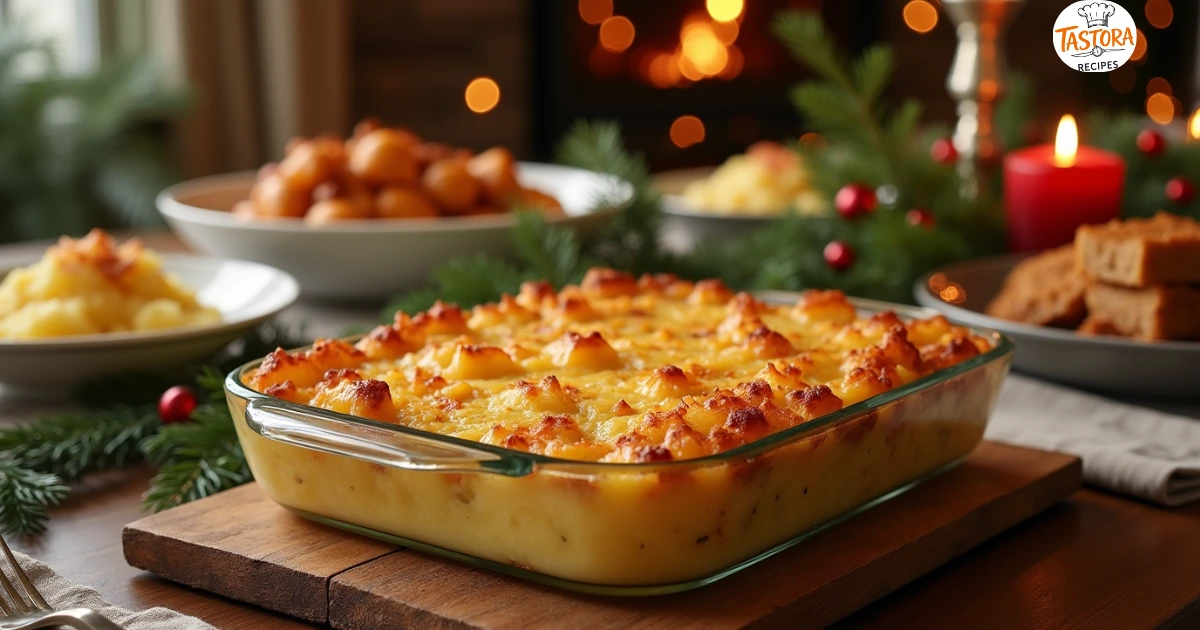 "A delicious golden-brown pineapple casserole in a glass baking dish, surrounded by traditional holiday dishes on a festive dinner table."