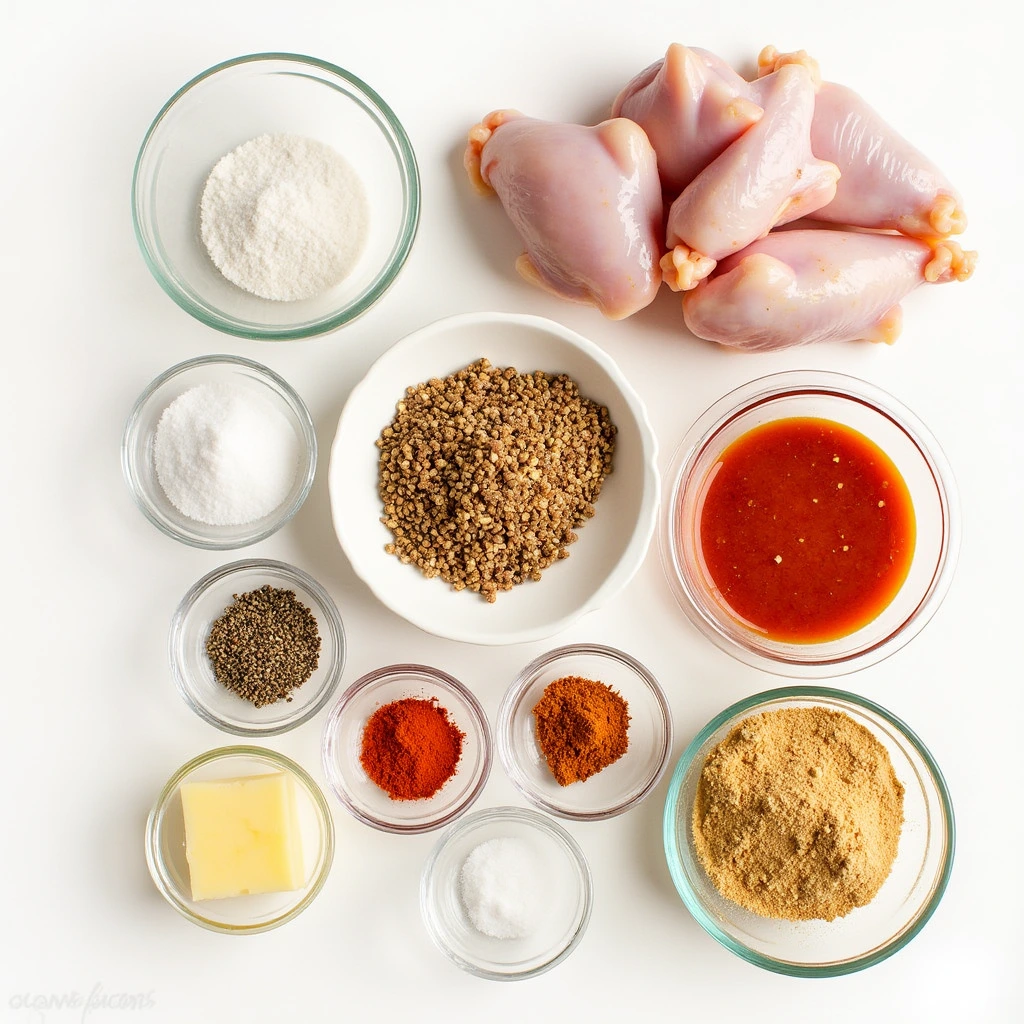 A collection of key ingredients for fried chicken wings: fresh chicken wings, salt, pepper, paprika, garlic powder, and other seasonings.