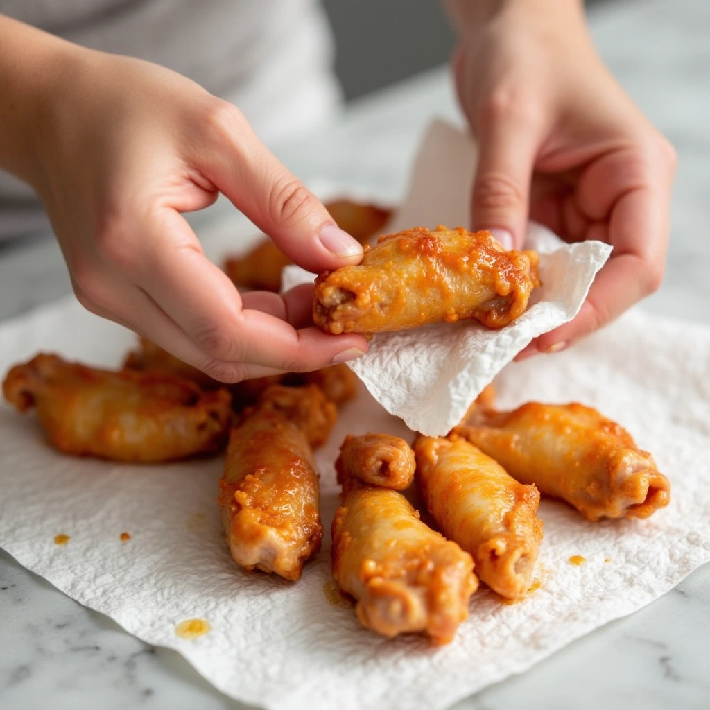 Chicken wings being cleaned and patted dry with paper towels, ready for frying.