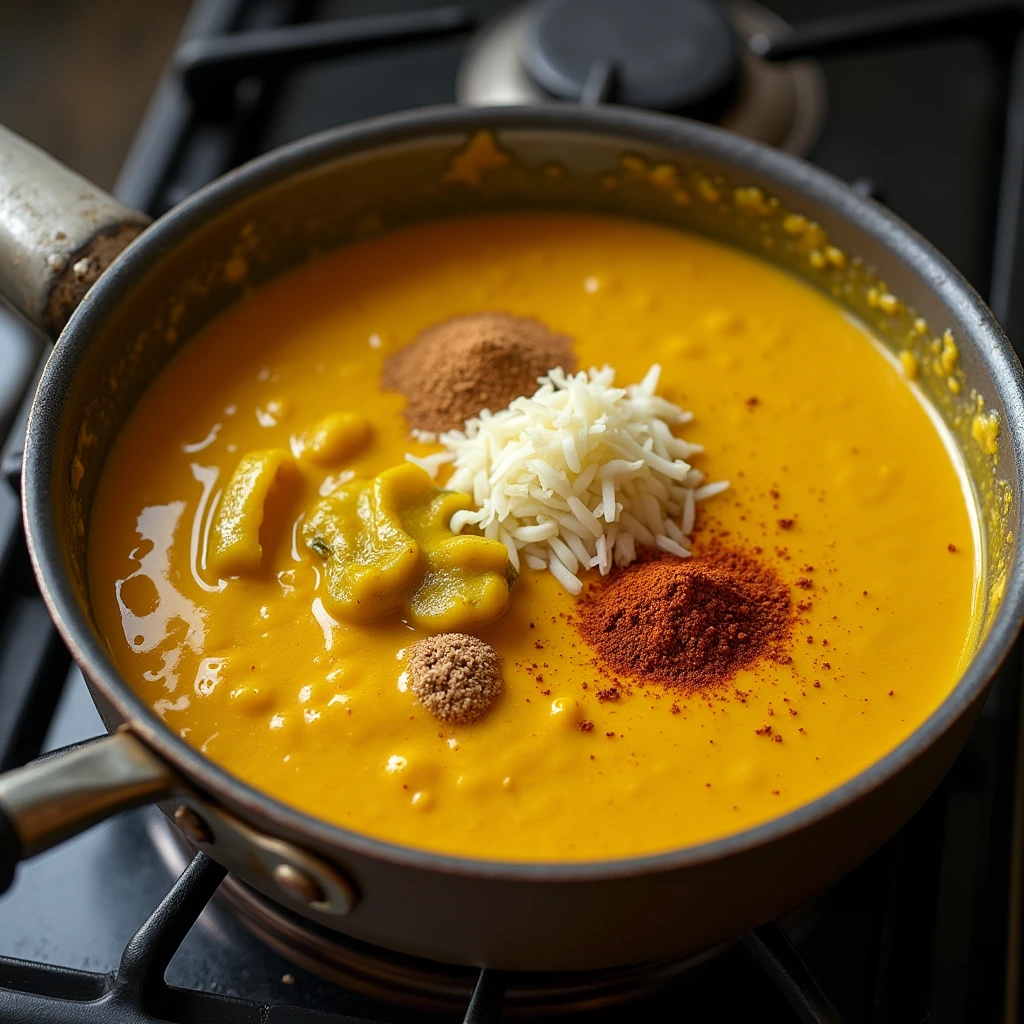  A close-up of a simmering pan filled with aji amarillo sauce, featuring blended yellow chili peppers, garlic, onions, and spices.