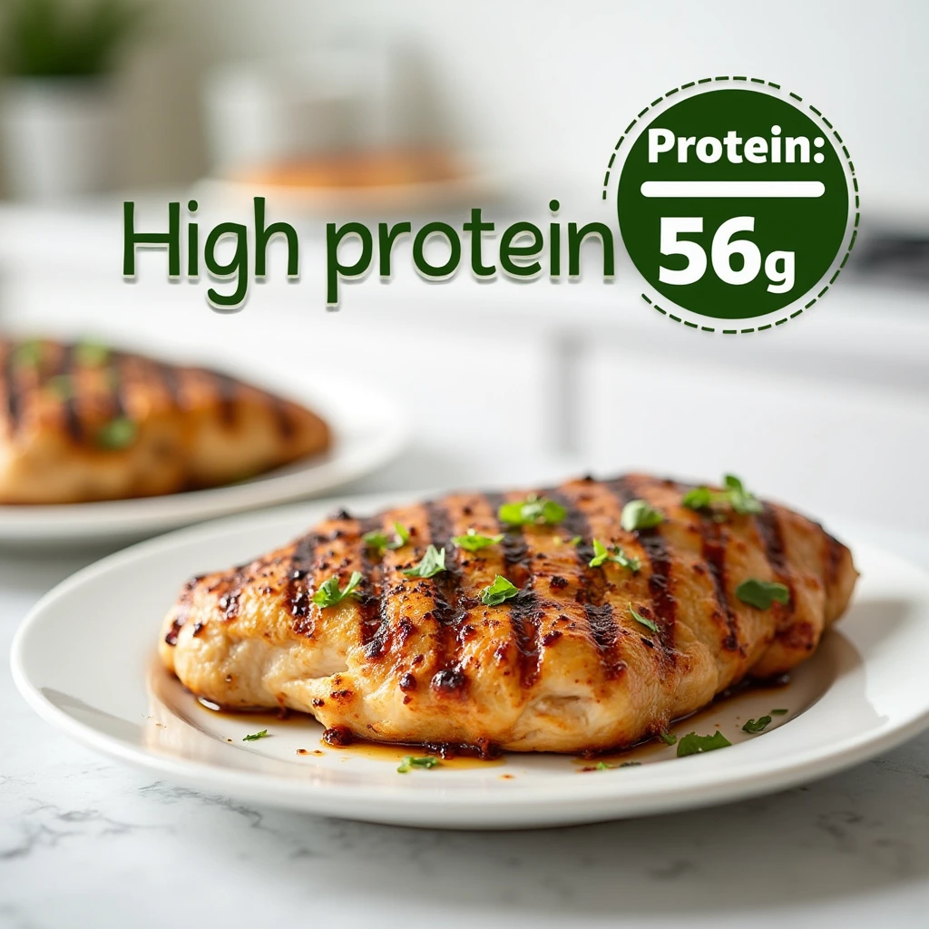 A grilled 8 oz chicken breast on a plate with nutritional information highlighting its high protein content.