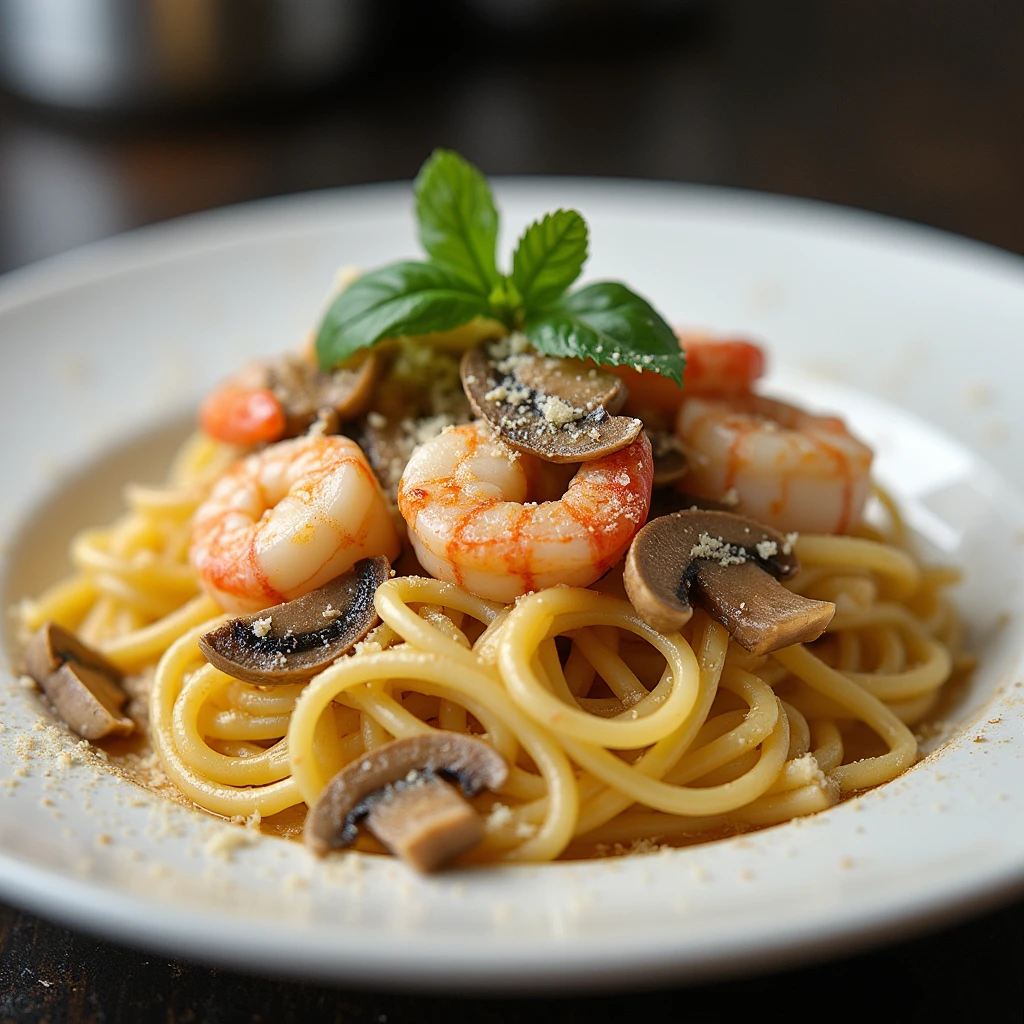 "Delicious seafood mushroom pasta with shrimp, scallops, and sautéed mushrooms in a creamy garlic sauce, garnished with fresh basil and Parmesan."