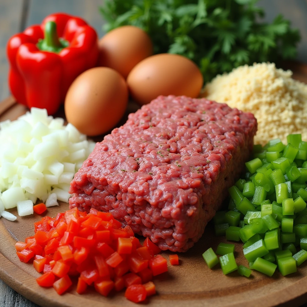  The essential ingredients for making Creole meatloaf, including ground beef, breadcrumbs, eggs, and a variety of fresh vegetables.