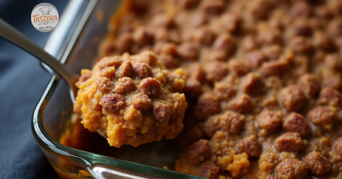 "Fresh sweet potatoes, butter, brown sugar, eggs, vanilla extract, pecans, and cinnamon neatly arranged on a kitchen counter."