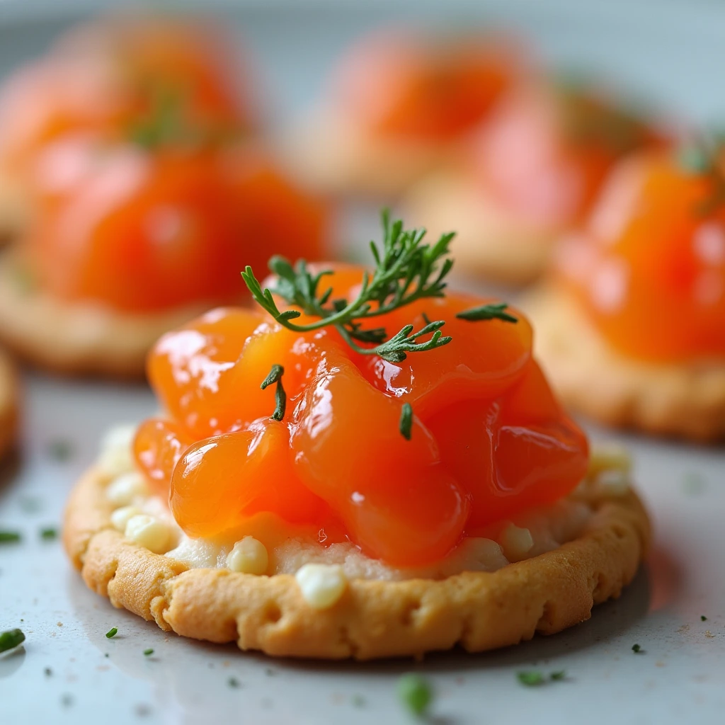 "Salmon roe served on a delicate cracker, topped with fresh herbs for a gourmet touch."